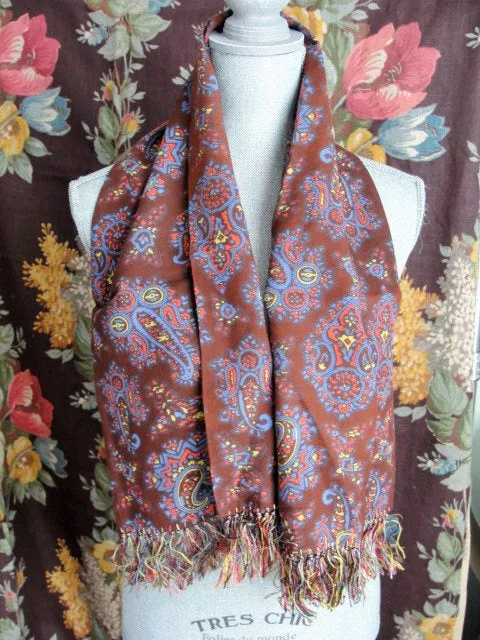 1940s Vintage Scarf Mens ART DECO Style Fringe Paisley Scarf Designer Currie Gentleman Elegant Scarf, Forties Era Menswear Scarv