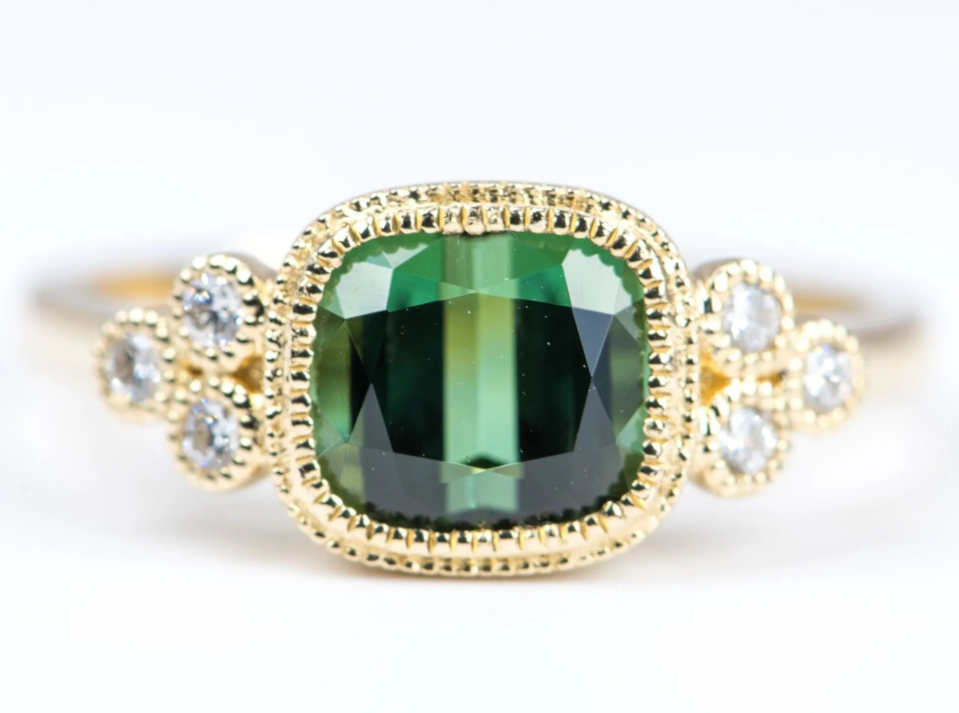 2.38ct Intense Green Tourmaline Milgrain Diamond 14K Gold Engagement Ring R6276