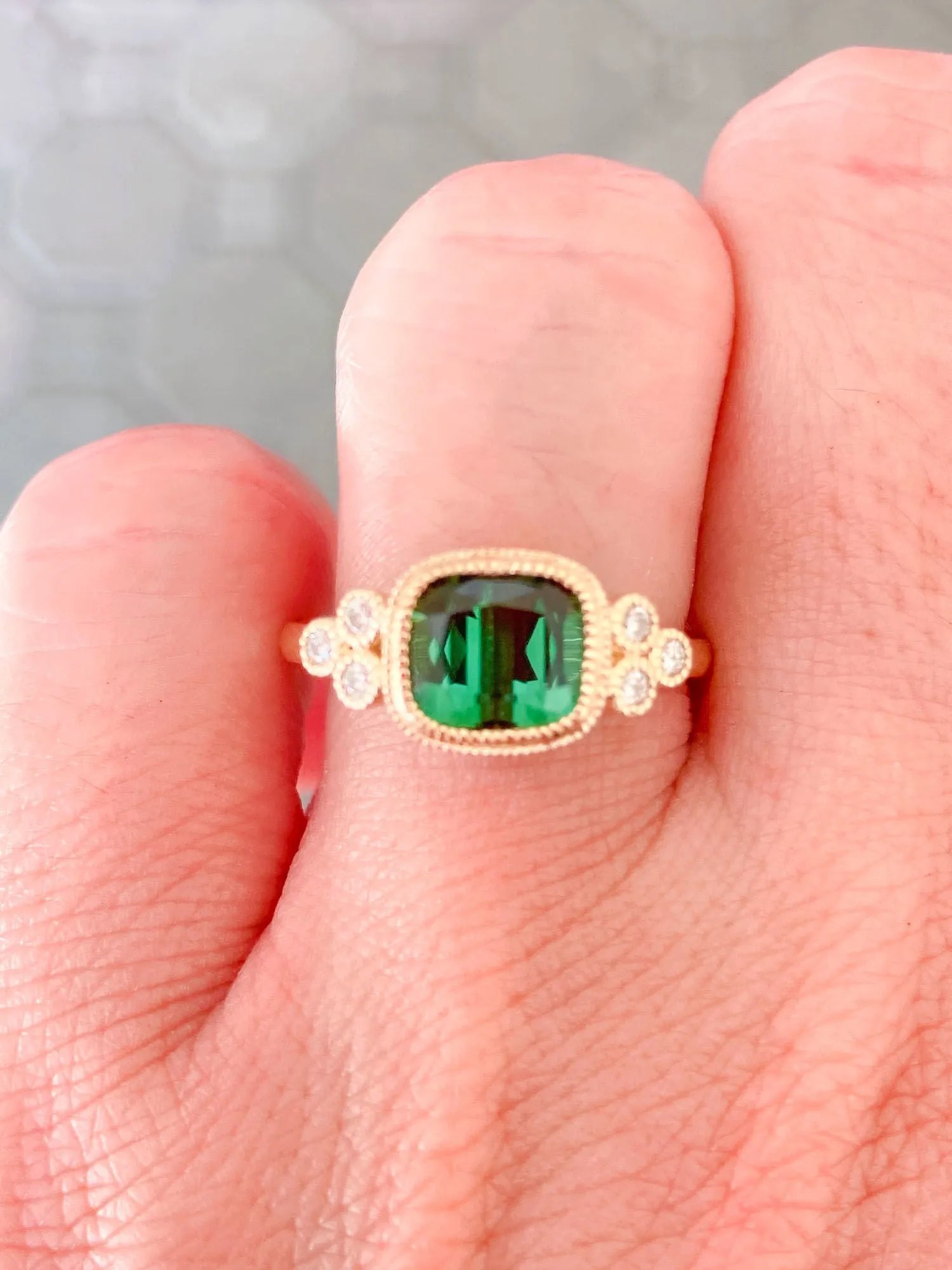 2.38ct Intense Green Tourmaline Milgrain Diamond 14K Gold Engagement Ring R6276