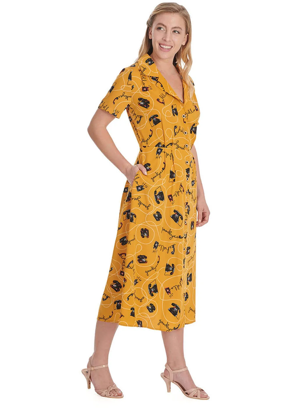 Banned Call Me Telephone 40's A-Line Dress Mustard