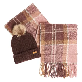 Barbour Womens Saltburn Beanie + Tartan Scarf Gift Set Chocolate