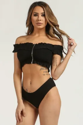 Black Off Shoulder Smocked Ruffle Bikini Set