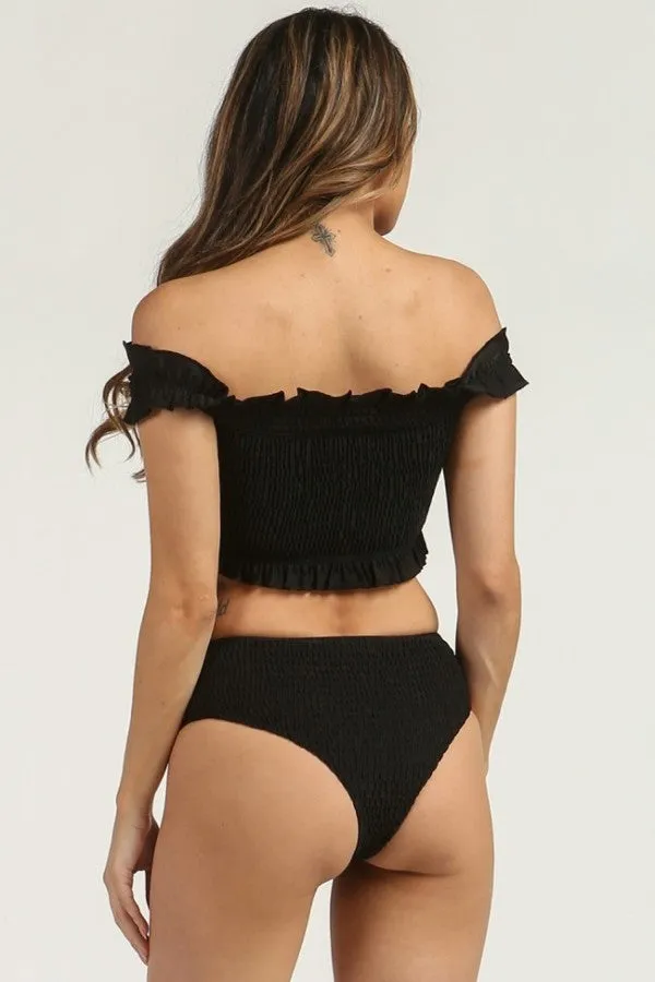 Black Off Shoulder Smocked Ruffle Bikini Set