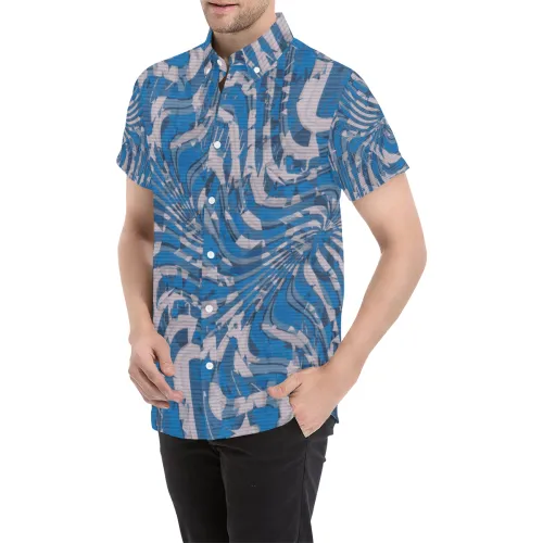 Blue and Grey Psychedelia Print Short Sleeve Button Up Shirt