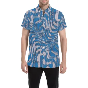 Blue and Grey Psychedelia Print Short Sleeve Button Up Shirt