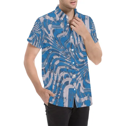 Blue and Grey Psychedelia Print Short Sleeve Button Up Shirt