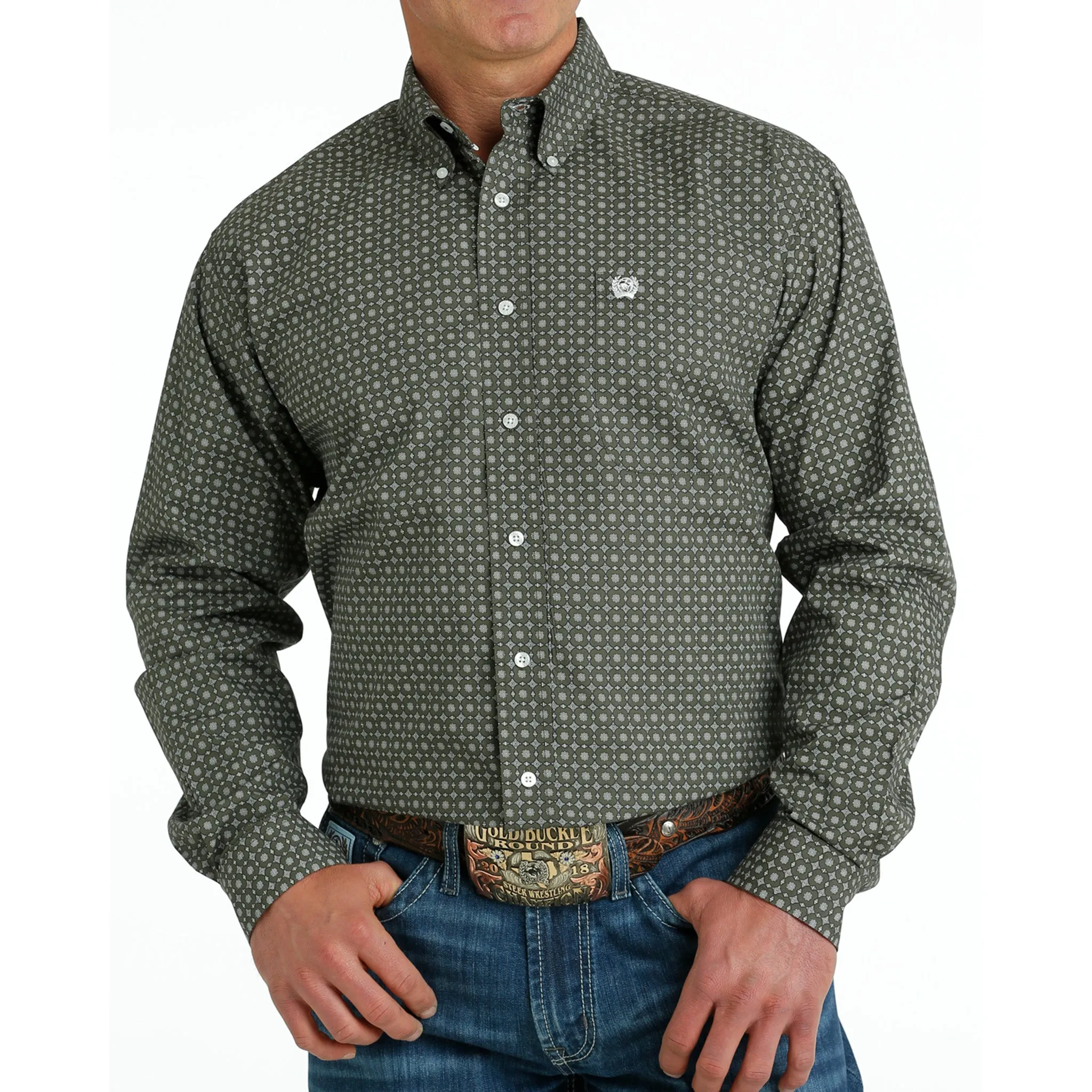 Cinch Men's Olive Geo Print Shirt