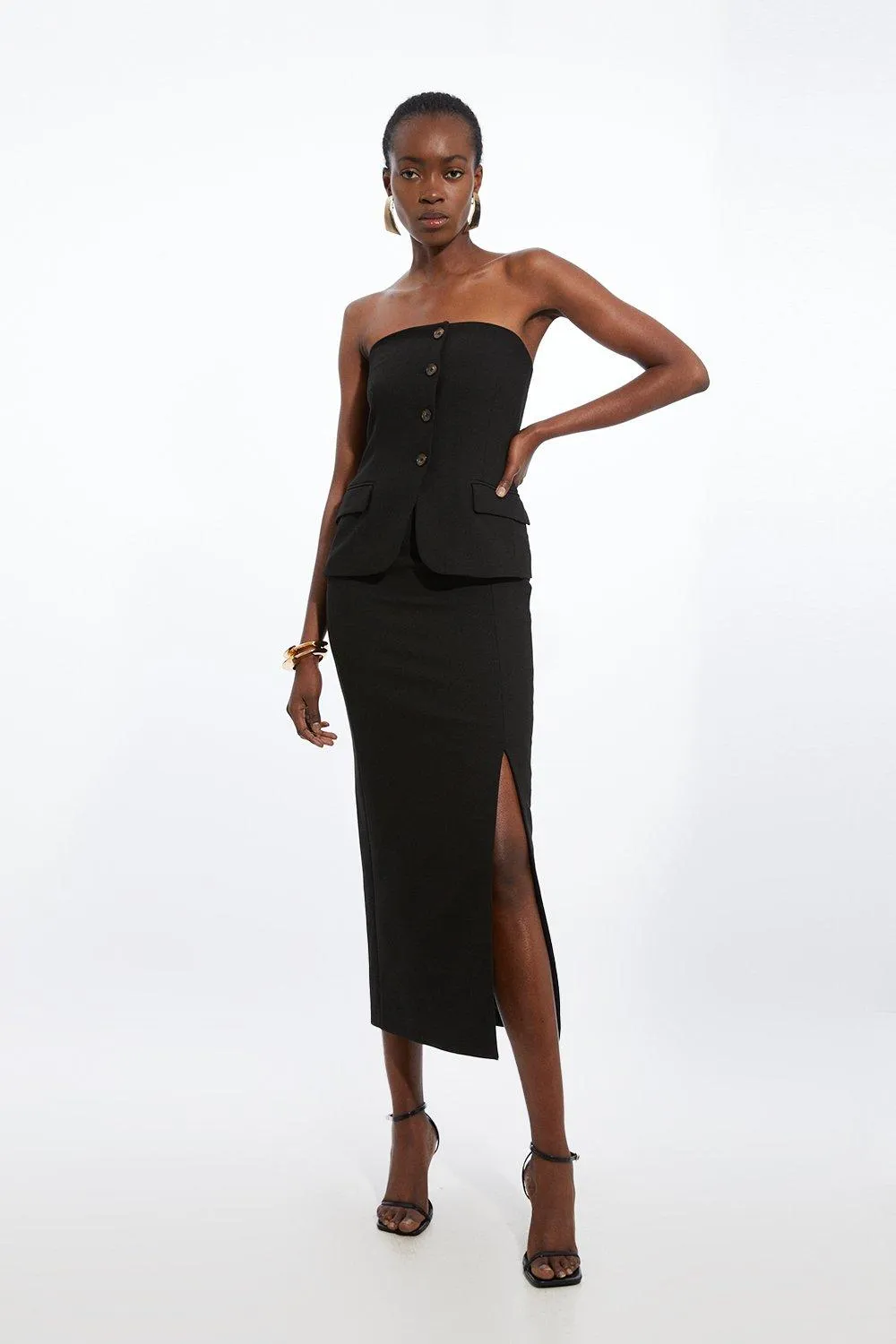 Clean Tailored Bandeau Button Bodice Pencil Midi Dress | Karen Millen