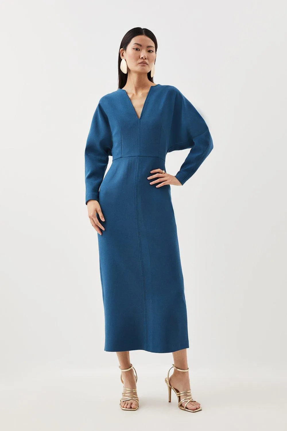 Compact Stretch Tailored Seamed Detail Rounded Sleeve Midi Dress | Karen Millen