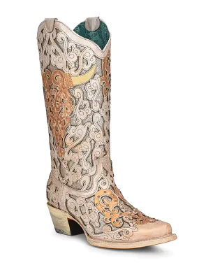 Corral A4408 Ladies Bull Skull Embroidery And Glitter Inlay Boots Tan