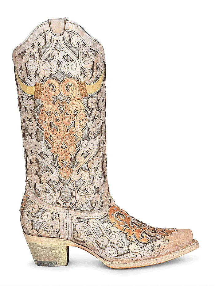 Corral A4408 Ladies Bull Skull Embroidery And Glitter Inlay Boots Tan