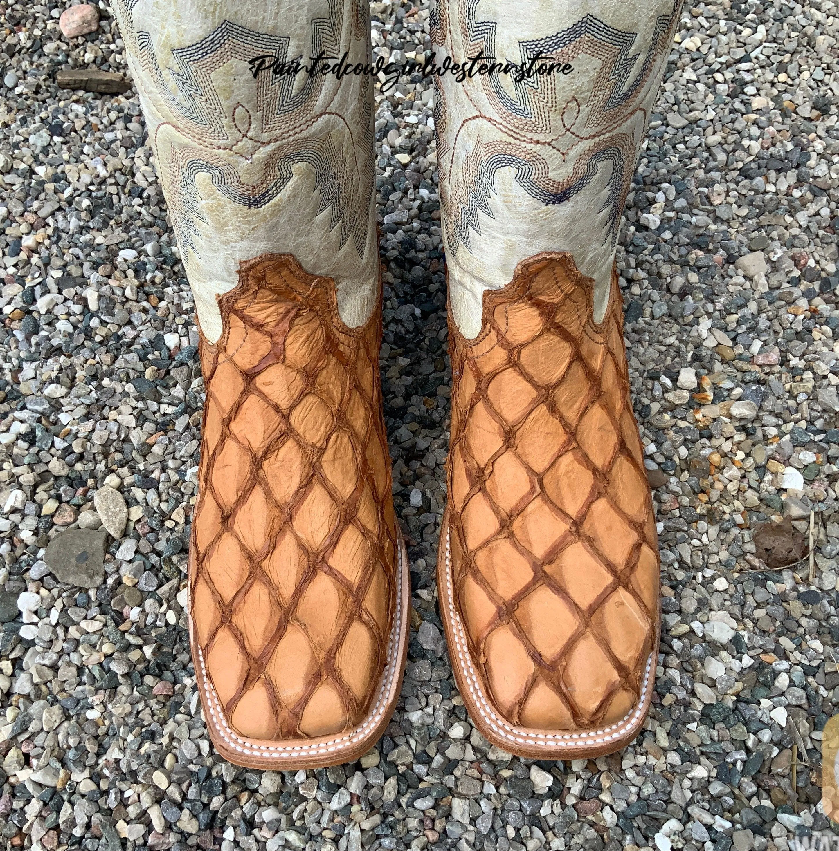 Corral Men’s Cognac Pirarucu Fish Square Toe Cowboy Boots A4050