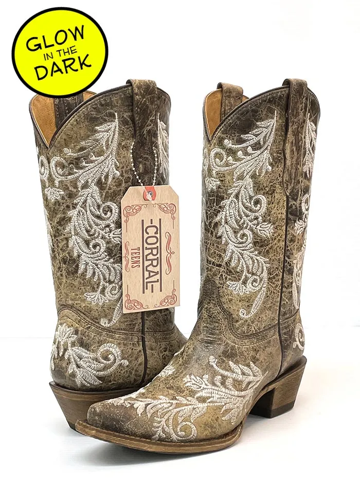 Corral T0118 Teen Glow Embroidery Snip Toe Western Boots Brown