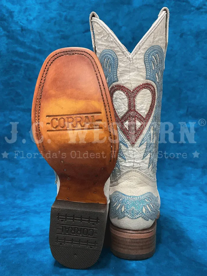 Corral T0147 Teen Glitter Heart And Wings Square Toe Boot White