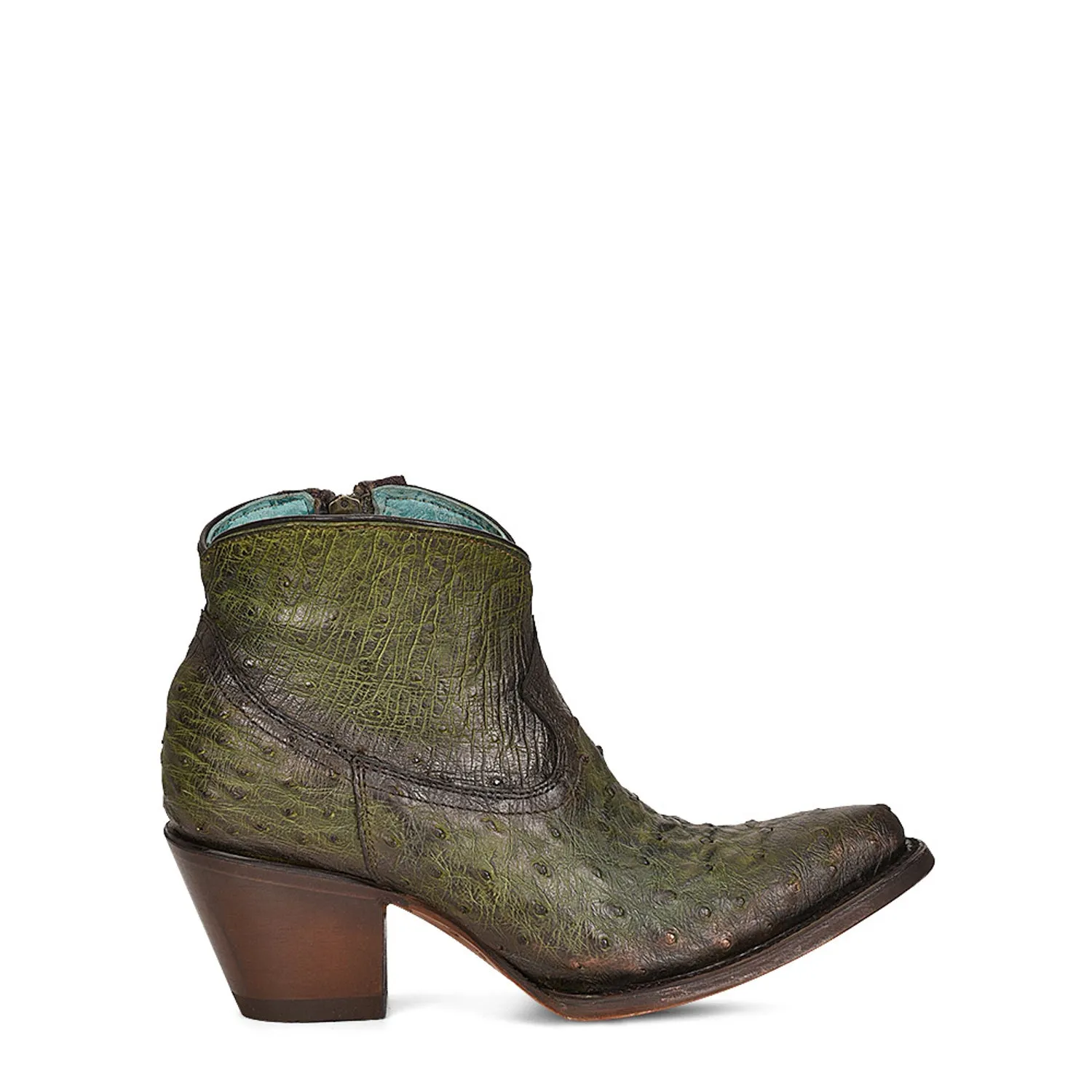 Corral Womens A4391 Olive Green Ostrich Side Zip Exotic Ankle Boots