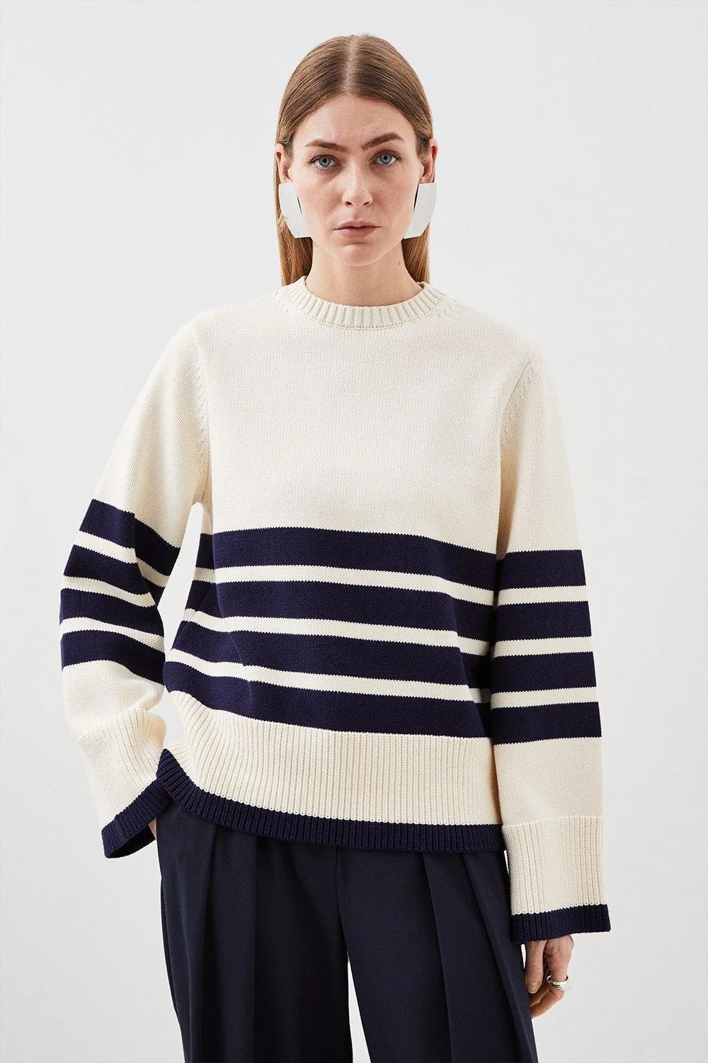 Cotton Blend Stripe Crew Neck Knit Jumper | Karen Millen