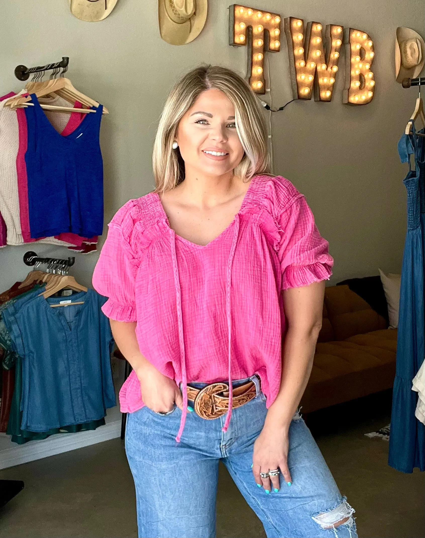 Cotton Gauze Puff Sleeve Top in Pink