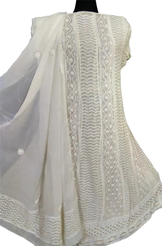 Dyeable Hand Embroidred Chikankari Pure Georgette Anarkali Unstitched Suit Set With Mukaish Work