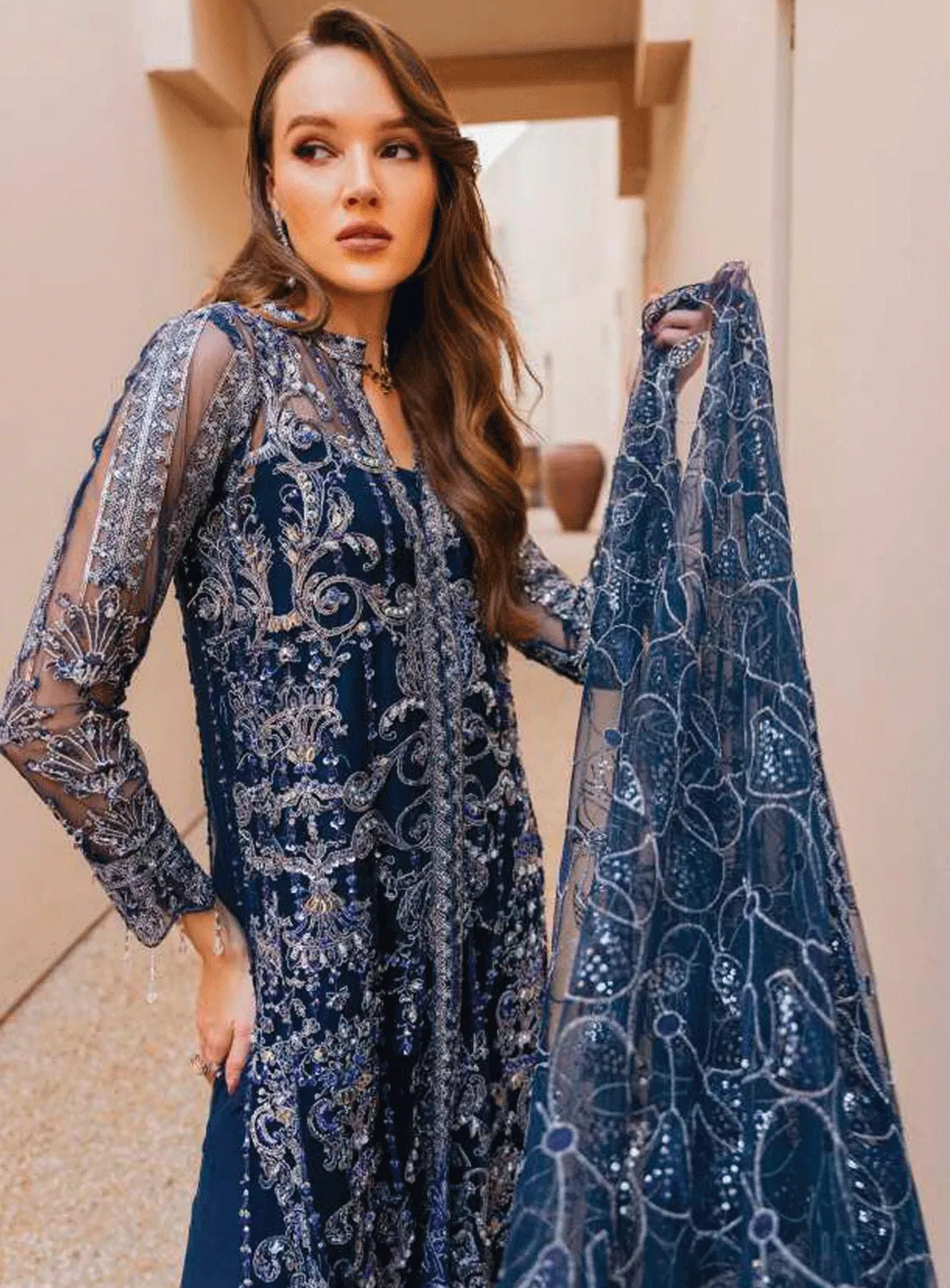 Evara By Elaf Embroidered Net Unstitched 4 Piece Suit - EF23EW EEW-06 AZALEA