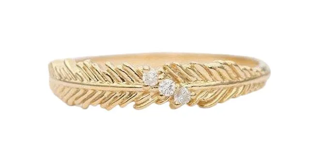 Feather with Three Diamond Ring 14K Gold Unique Wedding Band Stacking Rings Stackable AD1300