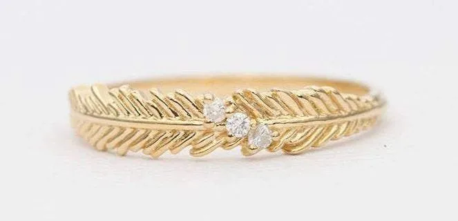 Feather with Three Diamond Ring 14K Gold Unique Wedding Band Stacking Rings Stackable AD1300