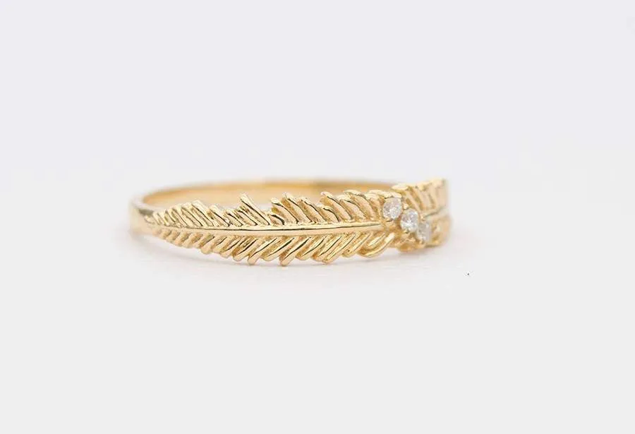 Feather with Three Diamond Ring 14K Gold Unique Wedding Band Stacking Rings Stackable AD1300