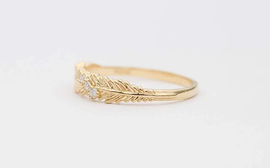 Feather with Three Diamond Ring 14K Gold Unique Wedding Band Stacking Rings Stackable AD1300