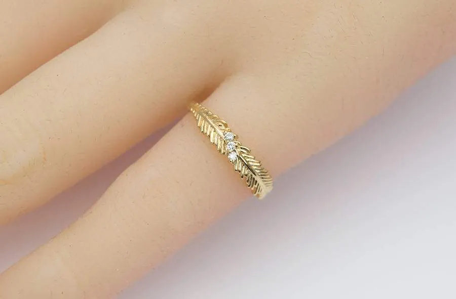 Feather with Three Diamond Ring 14K Gold Unique Wedding Band Stacking Rings Stackable AD1300