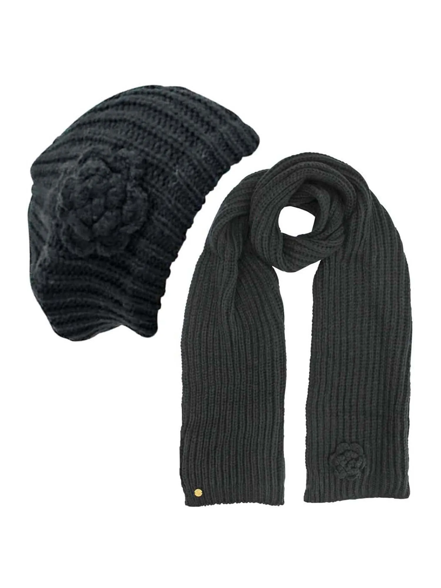 Feminine Rosette Knit Beret Hat & Scarf Set