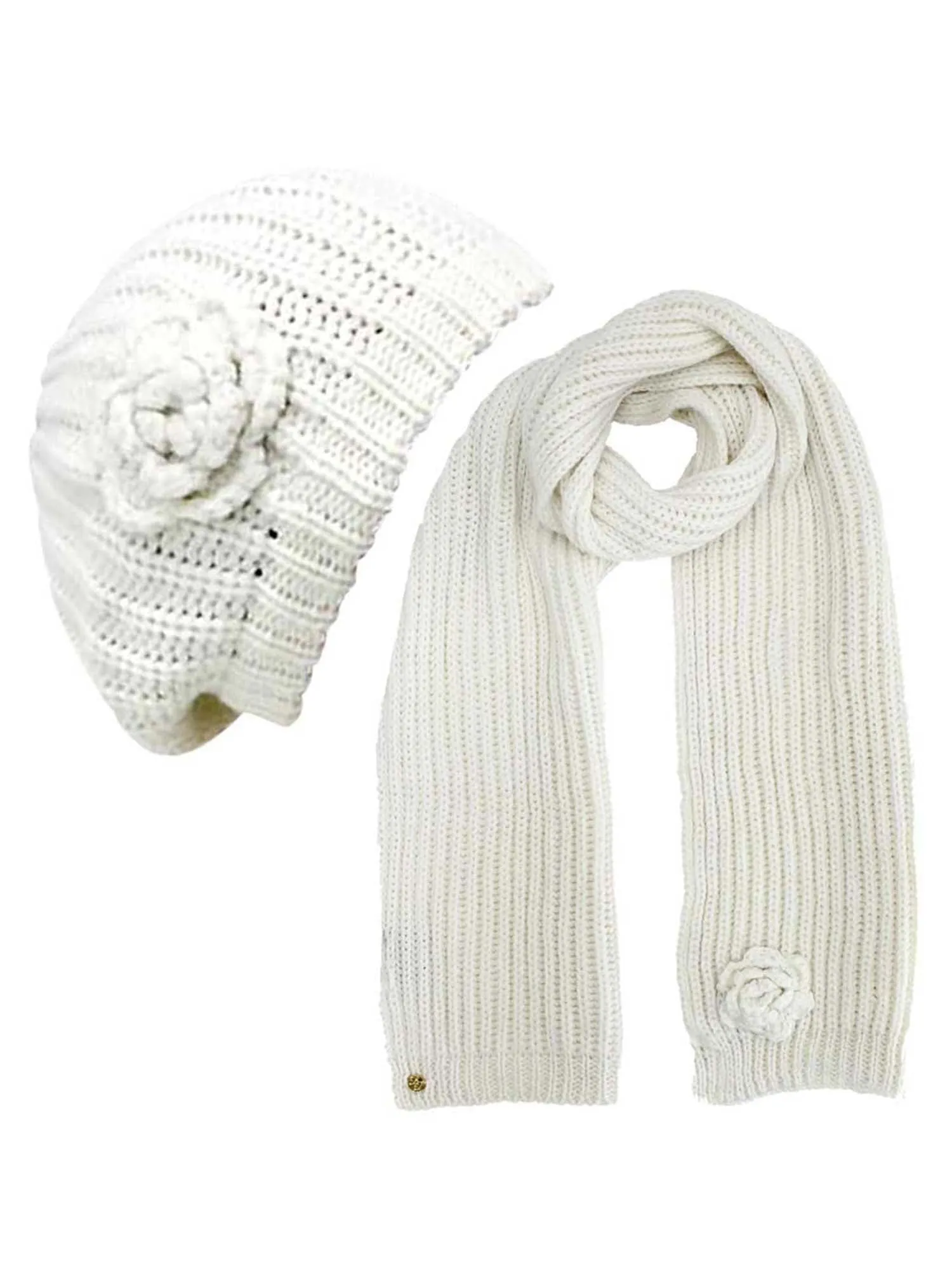 Feminine Rosette Knit Beret Hat & Scarf Set