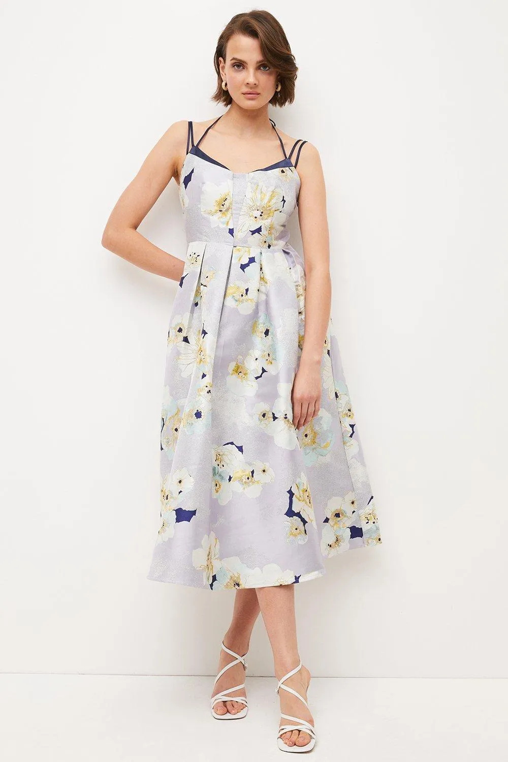 Floral Jacquard Strappy Midi Woven Prom Dress | Karen Millen