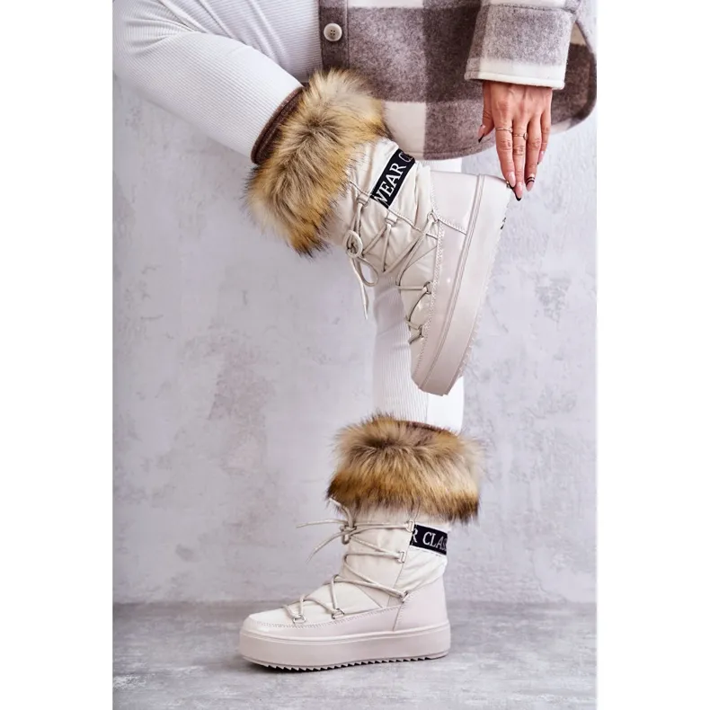 FM1 Women's Lace-up Snow Boots Beige Santero