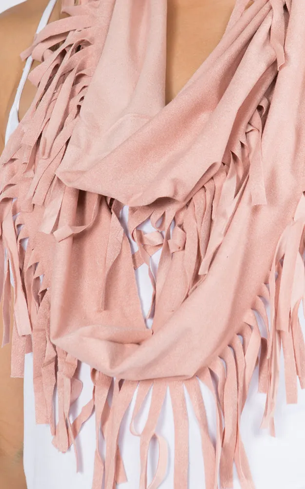 GAC408 Faux Suede Infinity Scarf With Fringes