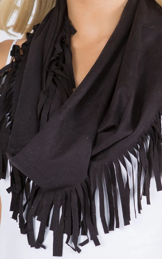 GAC408 Faux Suede Infinity Scarf With Fringes