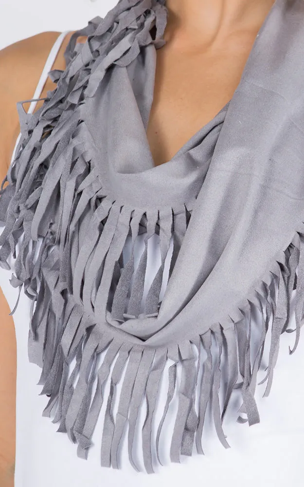 GAC408 Faux Suede Infinity Scarf With Fringes