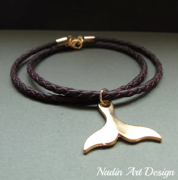 Gold Whale Tail Leather Braided Necklace