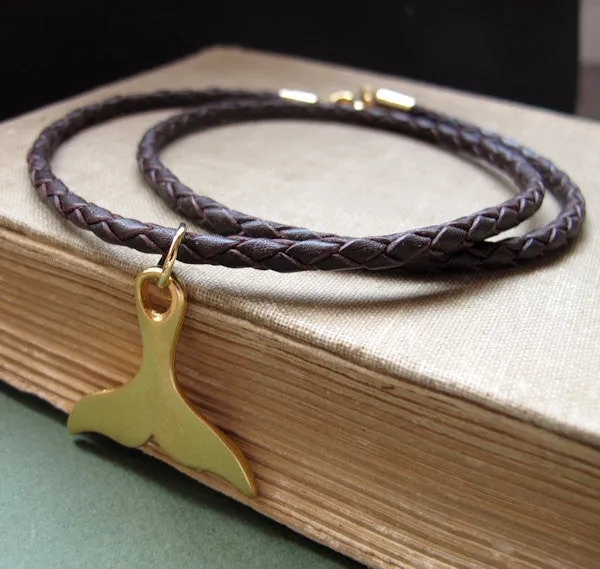 Gold Whale Tail Leather Braided Necklace