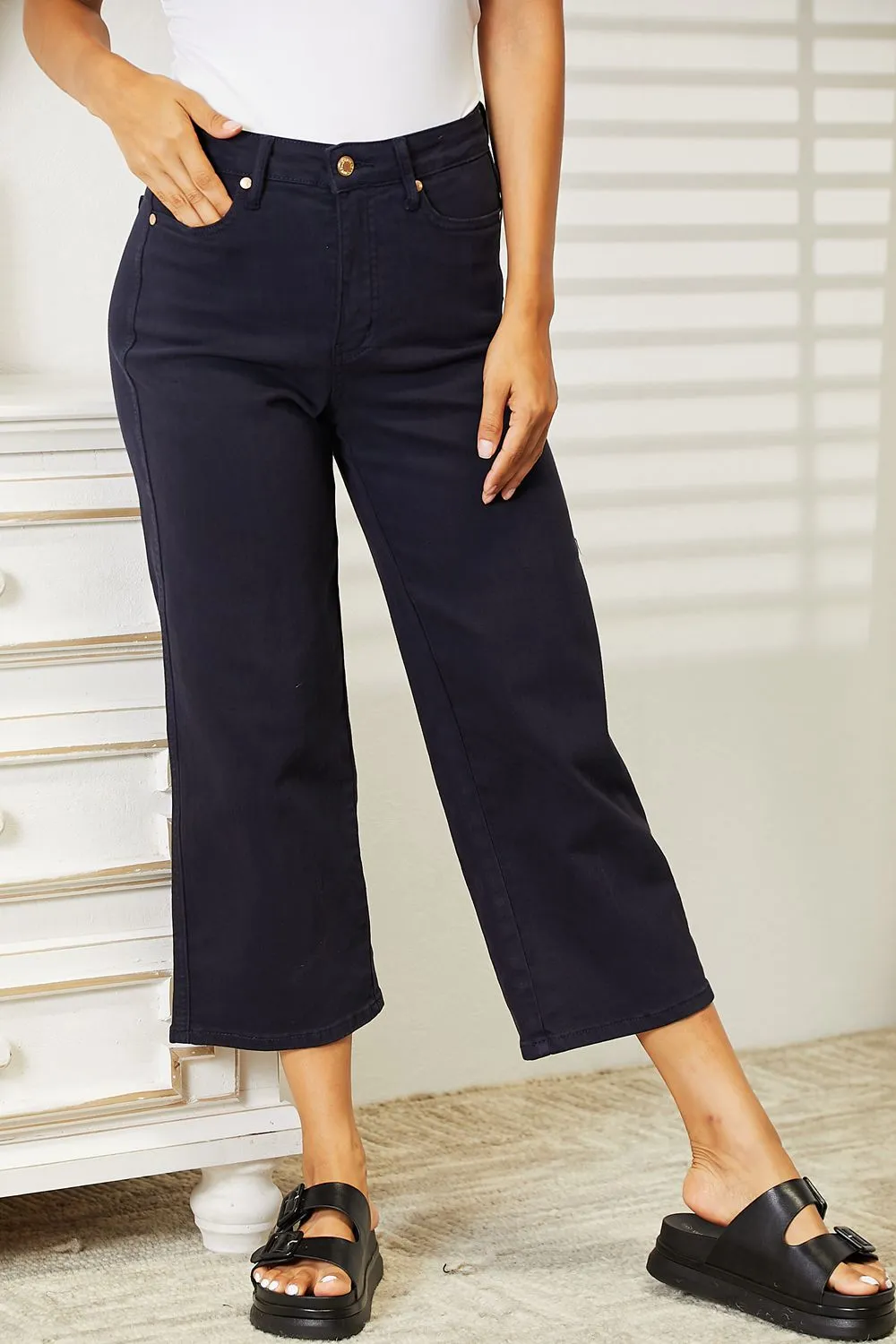 High Waist Tummy Control Garment Dyed Wide Cropped Jeans