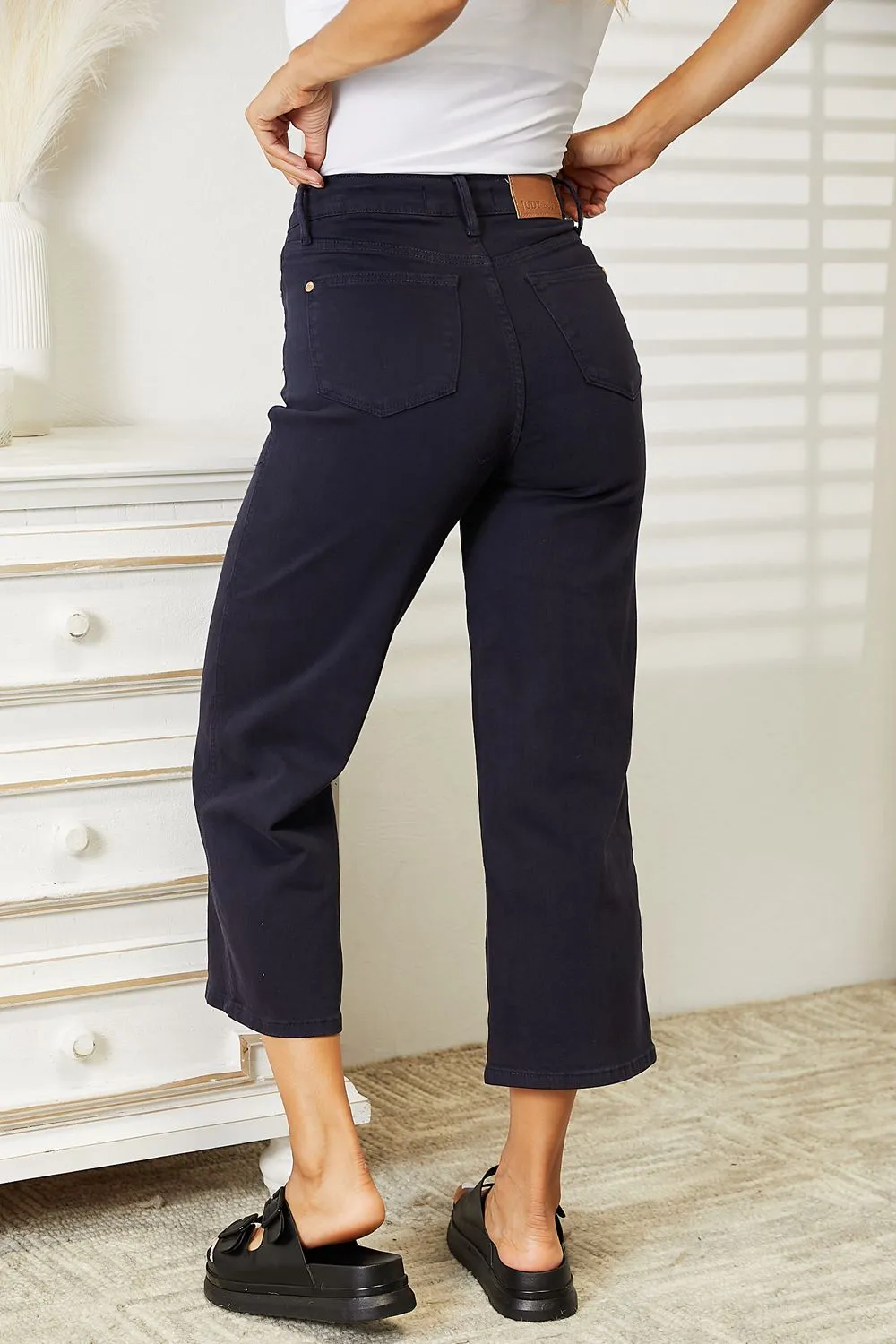 High Waist Tummy Control Garment Dyed Wide Cropped Jeans