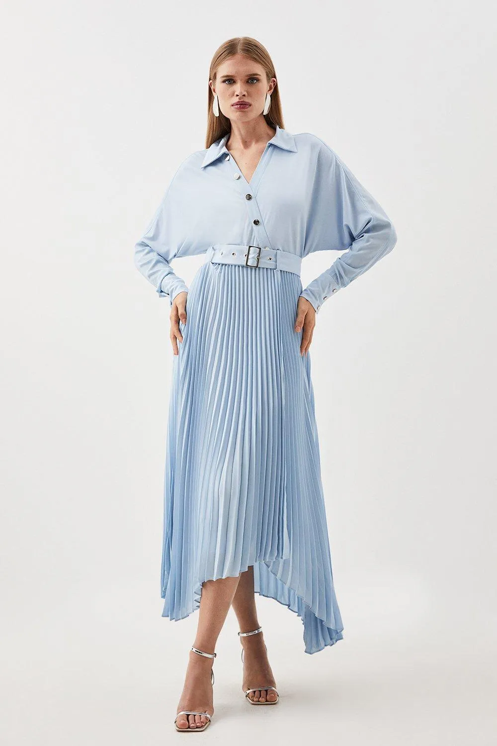 Jersey And Georgette Mix Belted Pleat Midi Dress | Karen Millen