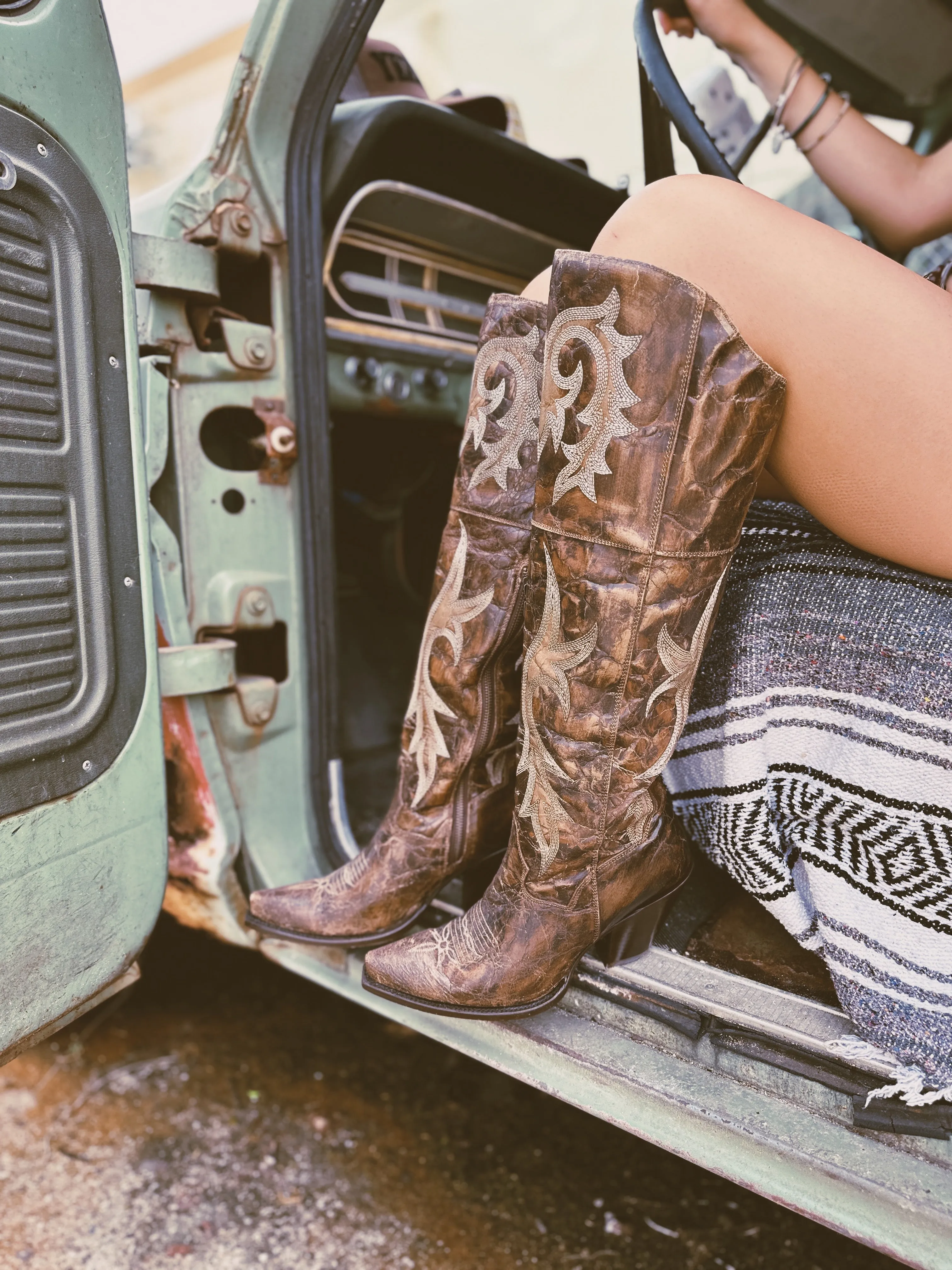 Jilted Distressed Embroidered Brown Leather Over The Knee High Boots (DS)