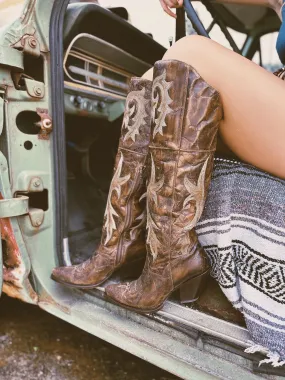 Jilted Distressed Embroidered Brown Leather Over The Knee High Boots (DS)