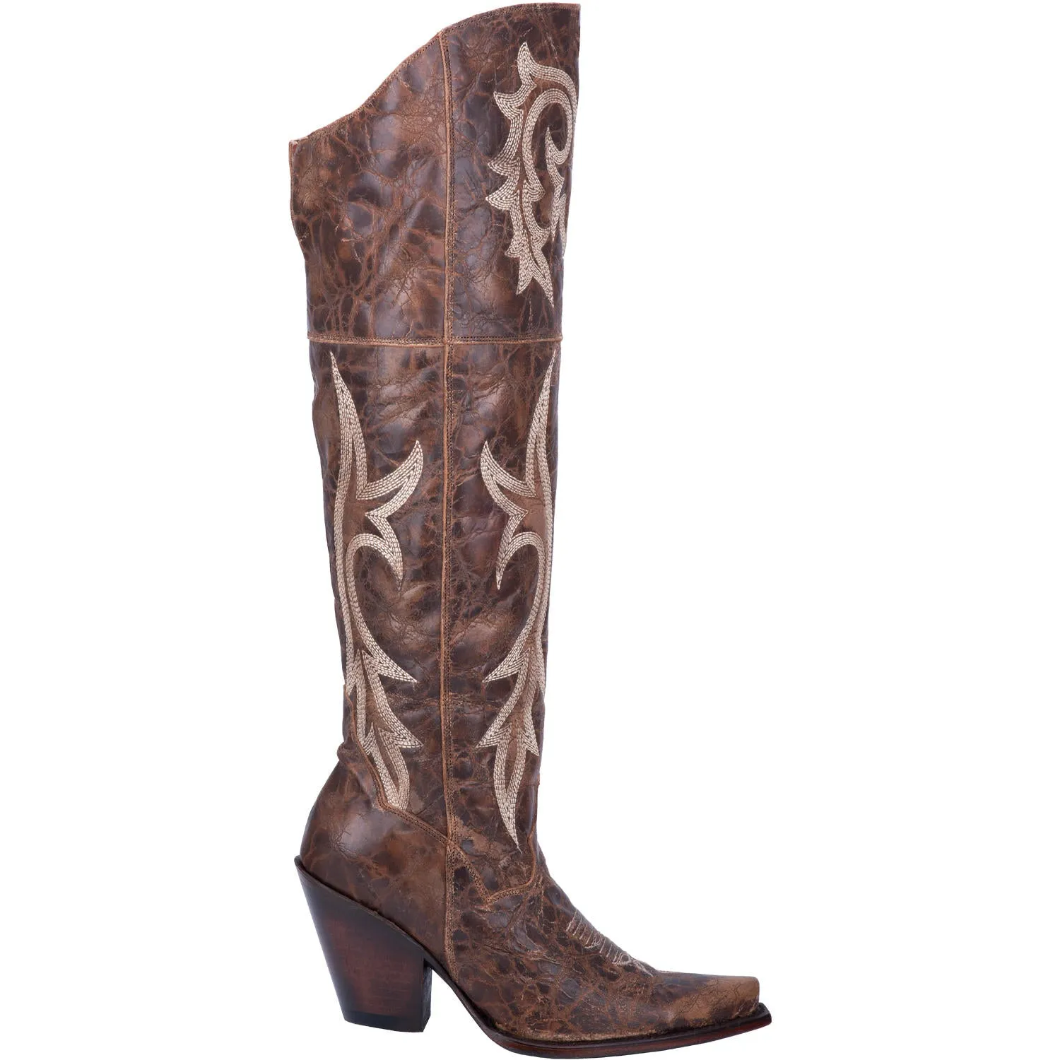 Jilted Distressed Embroidered Brown Leather Over The Knee High Boots (DS)