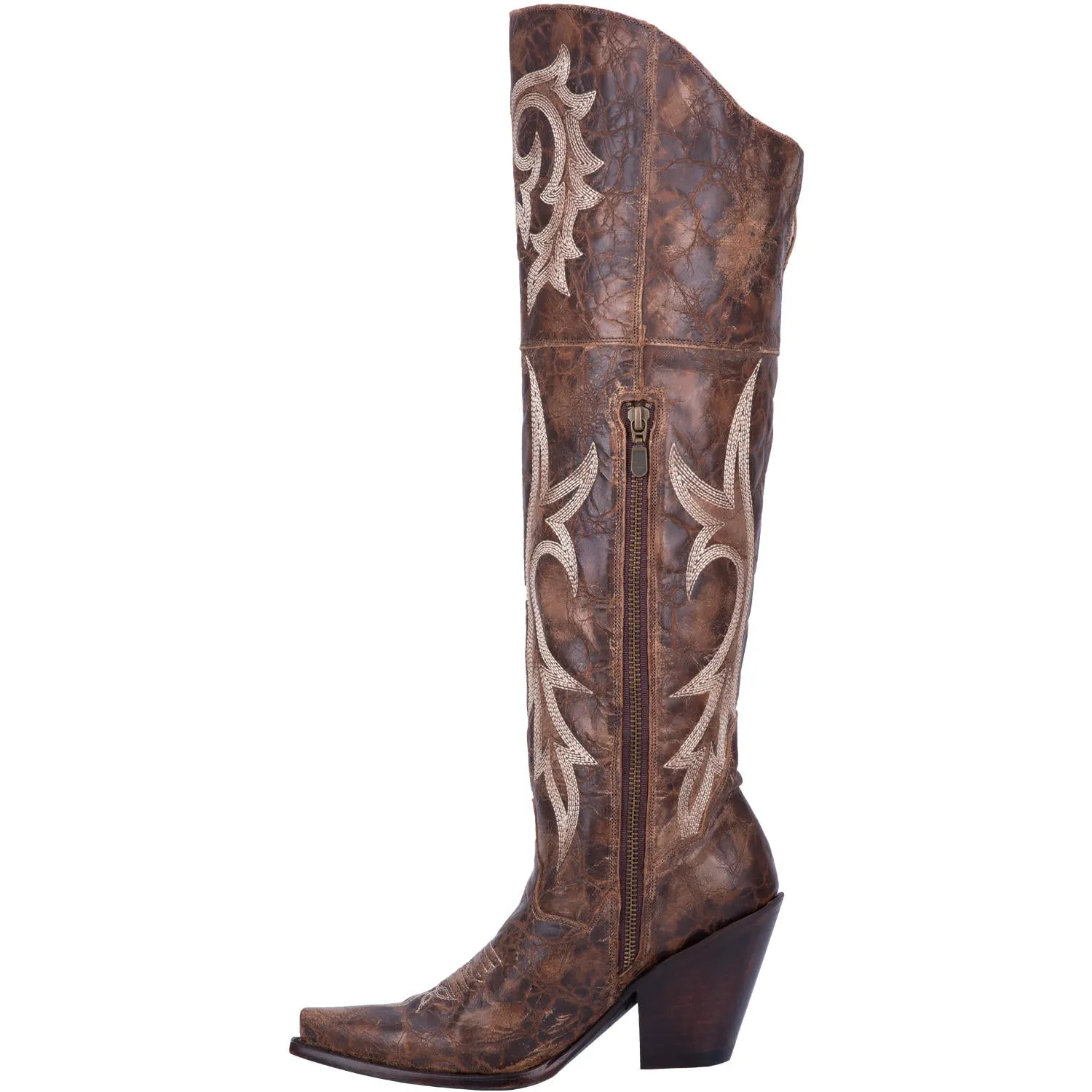 Jilted Distressed Embroidered Brown Leather Over The Knee High Boots (DS)