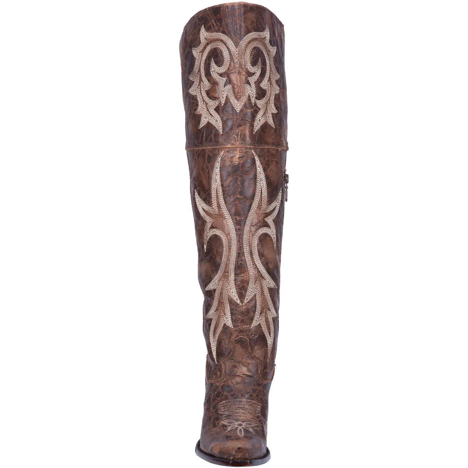 Jilted Distressed Embroidered Brown Leather Over The Knee High Boots (DS)