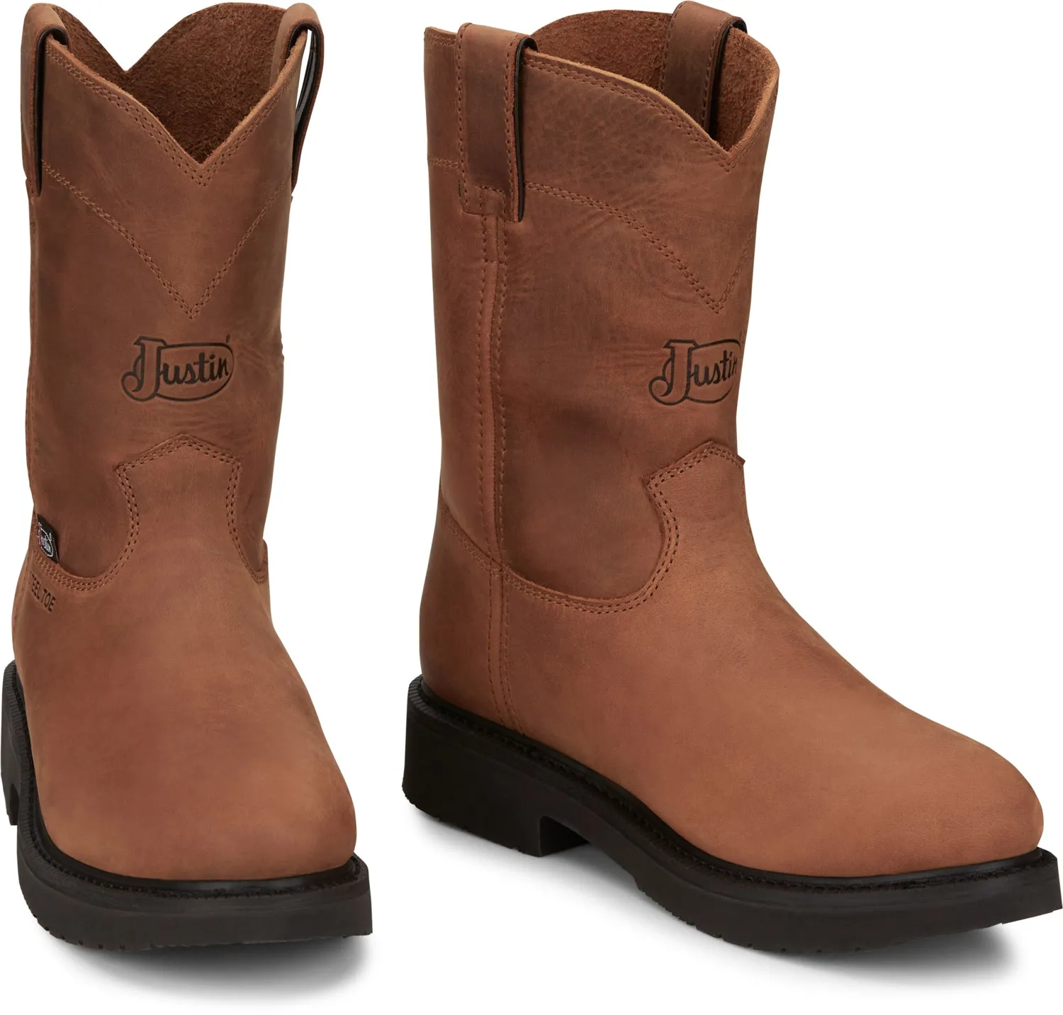 Justin Mens Round-Up Aged Bark Brown Leather Work Boots