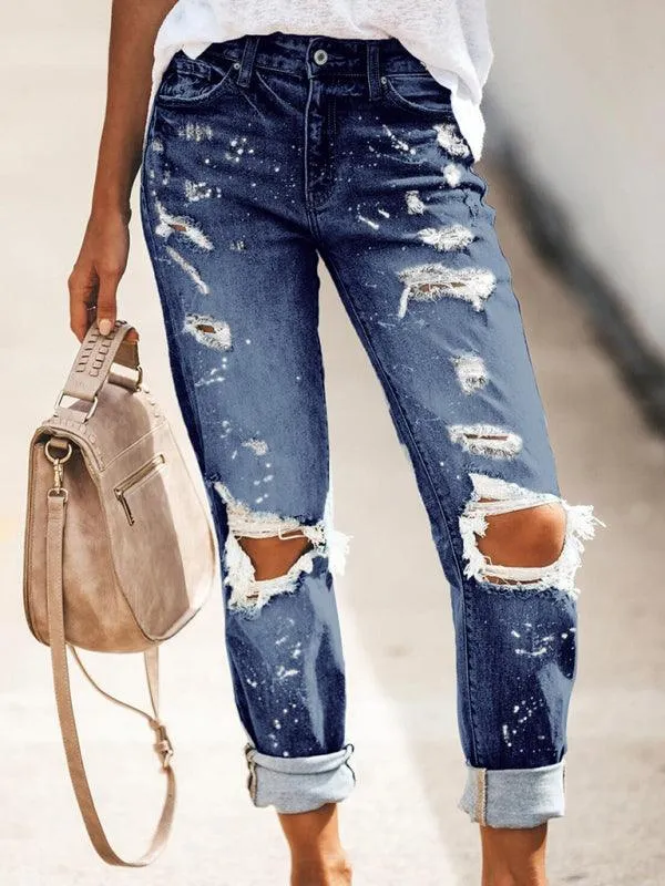 Ladies Ripped Straight-Leg Jeans