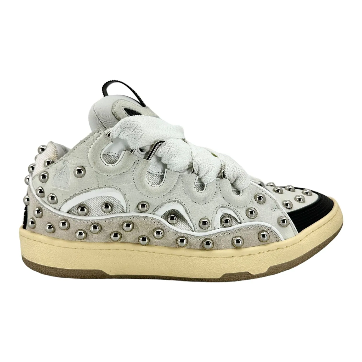 Lanvin Leather Curb Studded Sneaker Beige White Pre-Owned