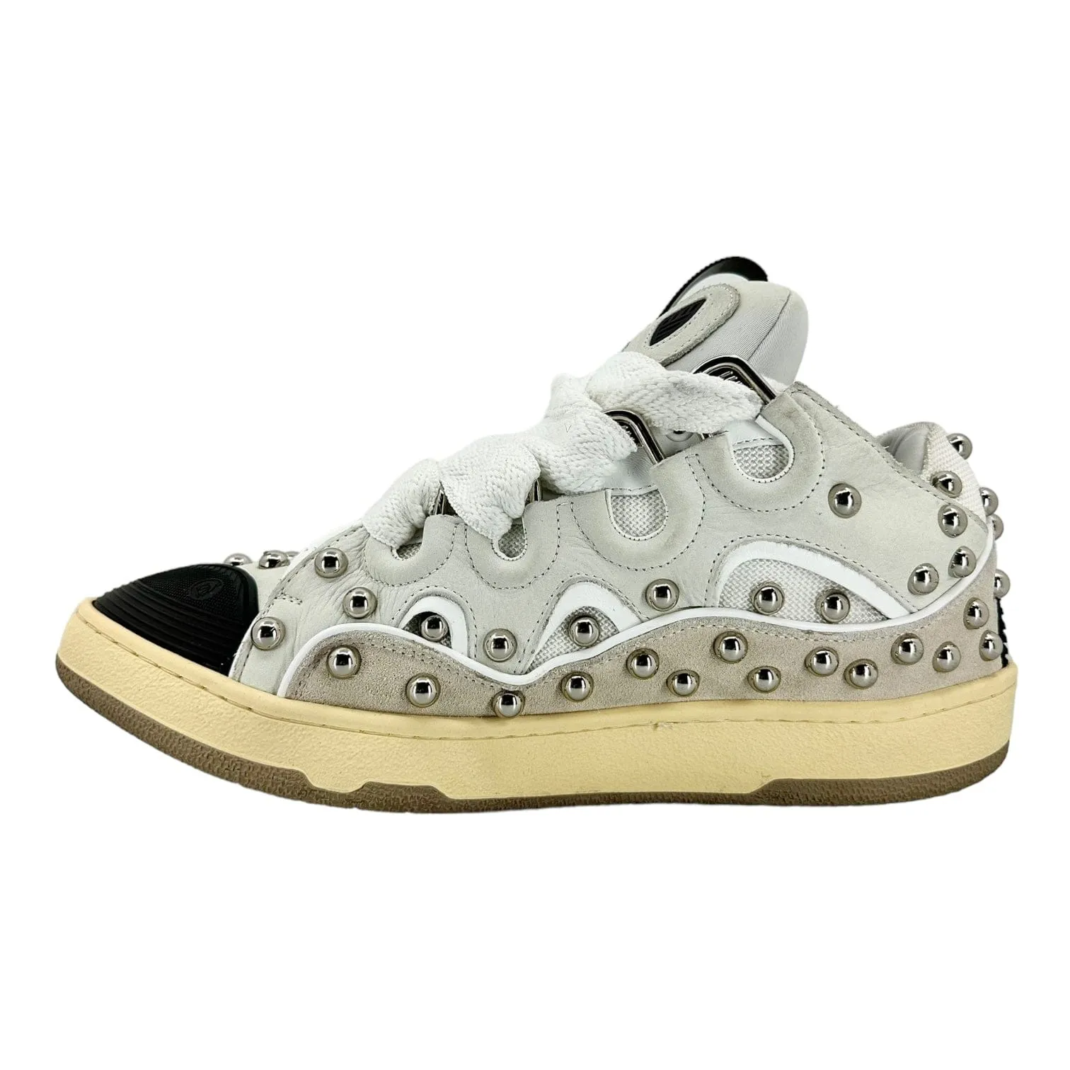 Lanvin Leather Curb Studded Sneaker Beige White Pre-Owned