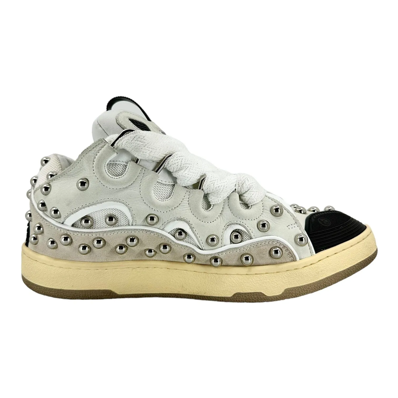 Lanvin Leather Curb Studded Sneaker Beige White Pre-Owned